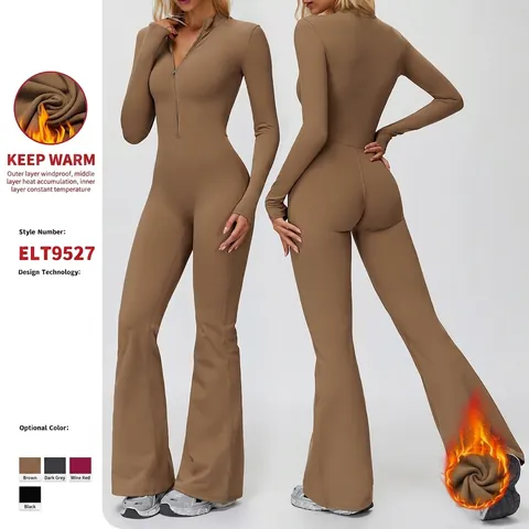 Combinaison De Yoga Femme Doublée Polaire Manches Longues Demi-Zip Col Montant Jambe Évasée Vêtement De Sport Élastique