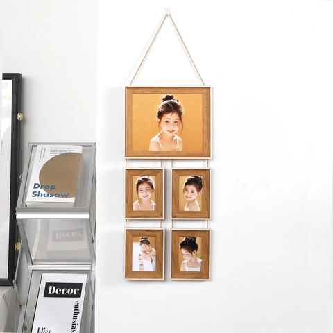 Wandmontage Fotolijst Combinatie Hars Houtnerf Hennep Touw Vintage Home Decor Fotoweergave