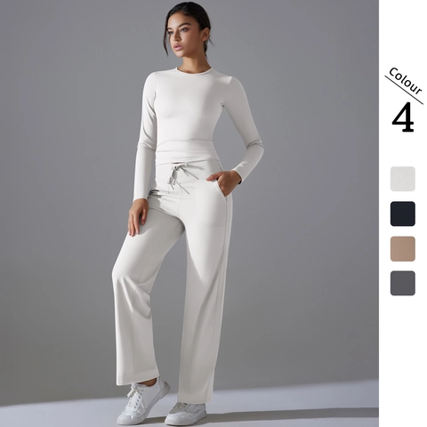 Women Yoga Long Sleeve Top And Wide Leg Drawstring Pants Breathable Nylon Spandex Slim Fit Sports Running Fitness
