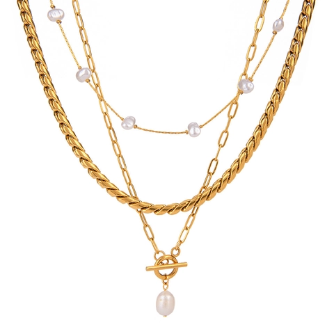 Collana Multistrato Acciaio Inossidabile Perla Artificial Pendente Vintage Design Geometrico Per Donna Impermeabile Ipoallergenico