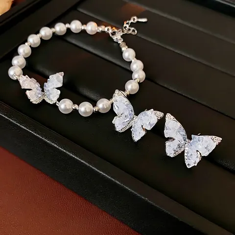 Elegante Schmetterling Ohrringe Und Armband Schmuck Zirkon Kunstperle Silver Earring Post Für Damen Mode Neuheit