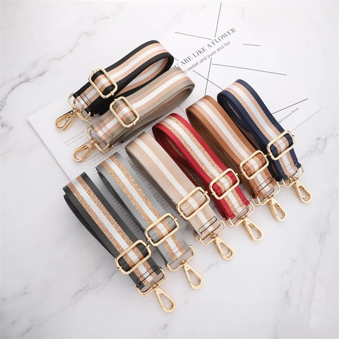 Verstellbarer Taschenriemen Polyester Gurtband Ersatz Gestreift Schulter Crossbody Gurt Goldene Metall Schnallen