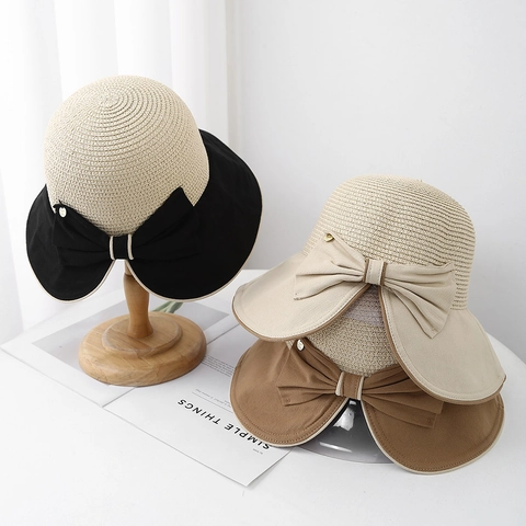 Cappello Da Pescatore Donna Paglia Tessuto Patchwork Tesa Larga Protezione Solare Estate Spiaggia Traspirante Fiocco Regolabile