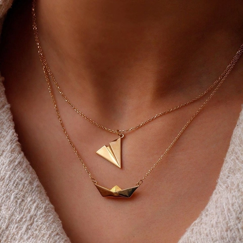 Collar con Colgante de Avión de Papel y Barco Origami para Mujer Minimalista Geométrico de Cobre Chapado en Oro