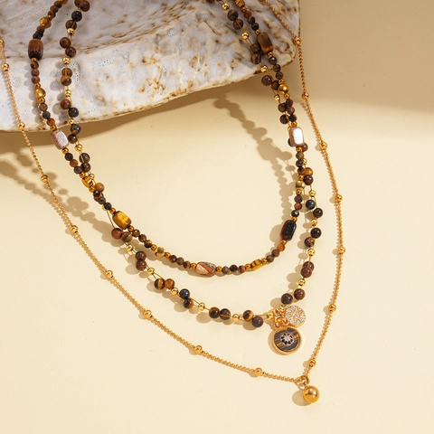 Vintage Tiger's Eye Gelaagde Ketting Koper Verguld Met Zirkonia Ronde Hanger Boheemse Sieraden Voor Dames