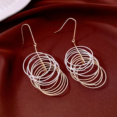Multi Layer Circular Ring Dangle Earrings With Steel Earring Post Gold Silver Tone Textured Geometric For Women