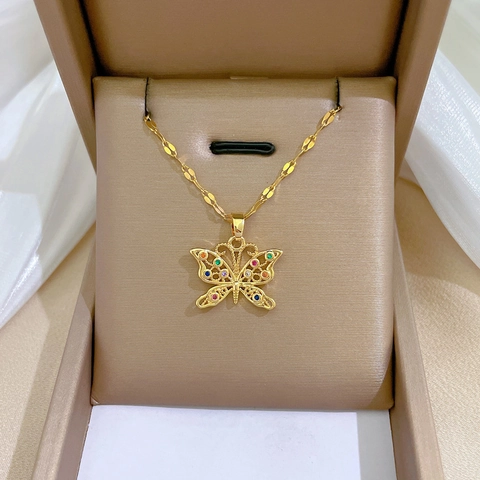 Hollow Butterfly Pendant Necklace Stainless Steel Copper Colorful Rhinestone Gold Chain For Women Fashion Jewelry Gift