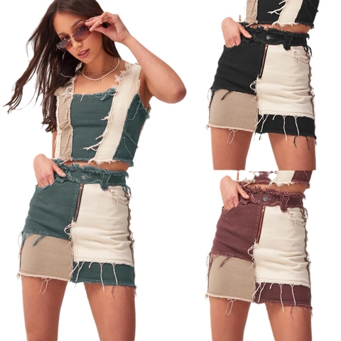 Women Patchwork Denim Halter Crop Top And Mini Skirt Color Block Frayed Raw Hem Distressed Streetwear Outfits