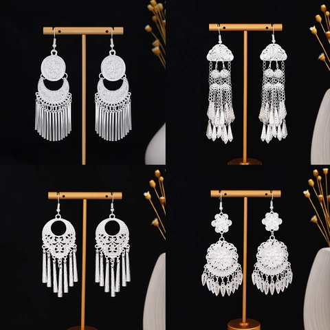 Ethnic Long Tassel Drop Earrings Silver Tone Alloy Hollow Out Butterfly Peacock Flower Vintage Bohemian Tribal Jewelry For Women