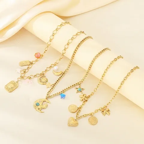 Gold Stainless Steel Necklace With Moon Star Heart Coin And Owl Pendants Vintage Bohemian Jewelry For Women