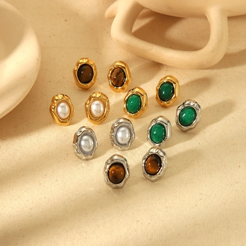 Vintage Irregular Lava Texture Stainless Steel Stud Earrings With Natural Stone And Artificial Pearl For Women Gold Plated