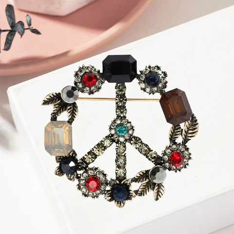 Retro Baroque Alloy Rhinestone Peace Sign Brooch Multi Color Gemstone Flower Leaf Pin For Women Coat Cardigan Accessories