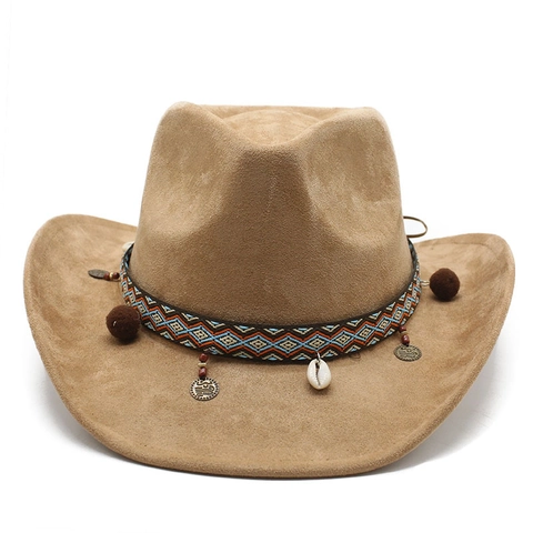 Western Cowboy Fedora Hut Wildleder Boho Ethnisch Gewebtes Band Mit Muschel Metallmünze Vintage Jazz Hut Unisex