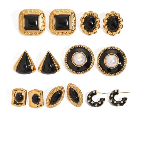 Vintage French Style Stainless Steel Stud Earrings With Black Enamel Agate And Artificial Pearl For Women Waterproof Hypoallergenic