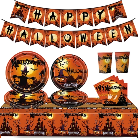Vaisselle De Fête Halloween Jetable Assiettes En Papier Gobelets Serviettes Nappe Bannière Orange Noir Citrouille Décor