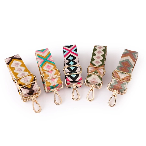 Adjustable Bag Strap Replacement Ethnic Bohemian Geometric Pattern Poly Cotton Webbing Gold Metal Buckles For Crossbody Handbags