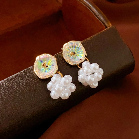 Flower Artificial Pearl Cluster Earrings With Silver Earring Post Iridescent Petals Alloy Jewelry For Women Elegant Sweet Style