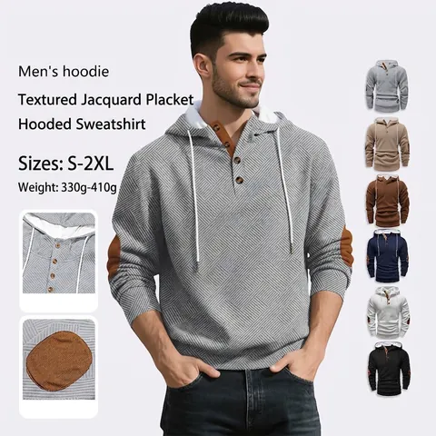 Felpa Con Cappuccio In Jacquard Testurizzato Da Uomo Con Colletto Henley A Bottoni E Toppe Sui Gomiti Pullover