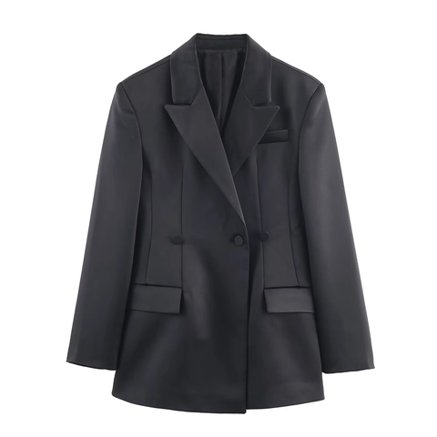 Damen Satin Blazer Und Weite Hose Passende Outfits Doppelreihig Büro Dame Elegant Einfarbig Streetwear