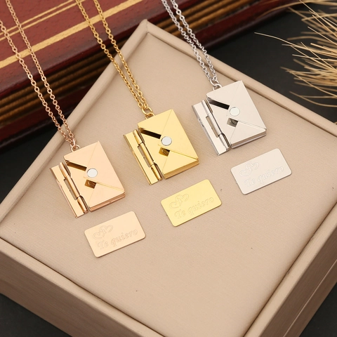 Stainless Steel Envelope Pendant Necklace Openable Engraved I Love You Message Card Romantic Jewelry Gift For Women