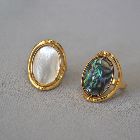 Double Sided Rotatable Natural Mother Of Pearl Abalone Shell Brass Gold Plated Niche Design Fashion Jewelry Ring For Women Men