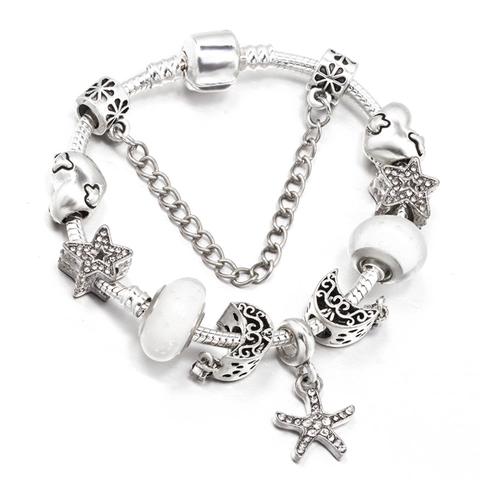 Elegant Silver Plated Charm Bracelet For Women Rhinestone Star Moon Heart Pendant Snake Chain DIY Jewelry Wedding Gift