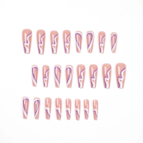 Press On Nails Long Coffin ABS Artificial False Nail Tips Purple And White Wave Swirl Patterns Nude Pink Base Glossy Chic