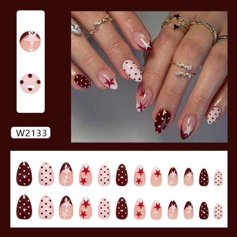 Unghie Finte A Pressione Rosa Dolce Stile Francese Motivo Stelle E Pois Forma Mandorla Unghie Lucide Plastica ABS