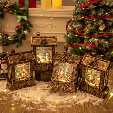 Casa De Navidad Bola De Nieve Linterna De Agua LED Iluminada Retro Bronce Escena De Pueblo Decoración De Mesa Regalo Festivo