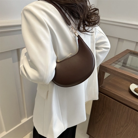 Women Half Moon Shoulder Bag PU Leather Minimalist Solid Color Underarm Bag Hobo Style Gold Hardware