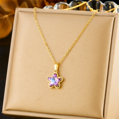 Blumen Anhänger Halskette Ohrring Schmuck Vergoldeter Edelstahl Lila Bunter Kristall Mode Pendler Für Frauen