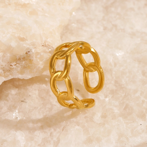 Chain Link Ring Stainless Steel Gold Plated Adjustable Open Minimalist Retro Fashion Jewelry For Women