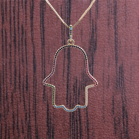 Hamsa Hand Pendant Necklace Copper Gold Plated With Cubic Zirconia Evil Eye Ethnic Style Jewelry For Women