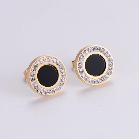 Round Stud Earrings 316L Stainless Steel 18K Gold Plated Black Geometric Rhinestone Minimalist Jewelry For Women