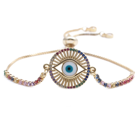 Bracciale Malocchio Rame Micro Intarsiato Zircone Colorato Catena Scorrevol Regolabile Gioielli Turchi Donne