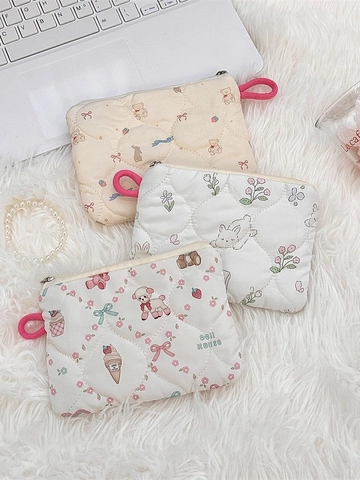 Mini Quilted Makeup Bag Cartoon Animal Floral Pattern Polyester Canvas Coin Purse Zippered Portable Storage Pouch For Women