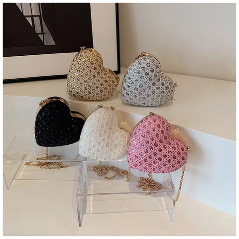 Bolso de Noche para Mujer Forma de Corazón Lentejuelas Strass Lujo Mini Bolso de Hombro con Cadena Fiesta Boda Cartera