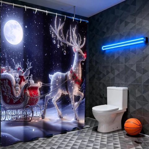 Weihnachten Duschvorhang Wasserdichtes Polyester Rentier Schlitten Schneemann Mondnacht Druck Bad Dekoration Mit Haken