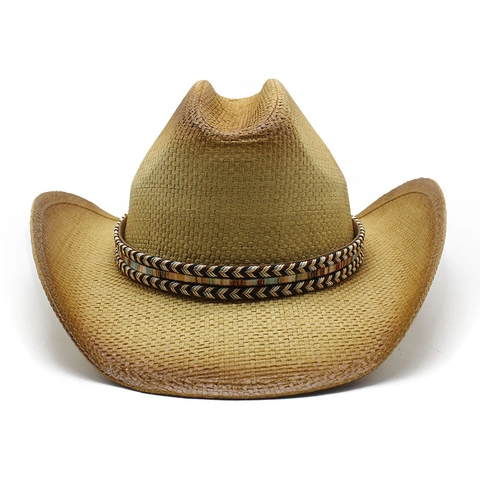 Cappello Da Cowboy Occidentale Paglia Di Carta Tesa Larga Fascia Etnica Protezione Solare Traspirante Vacanza Al Mare Stile Retrò