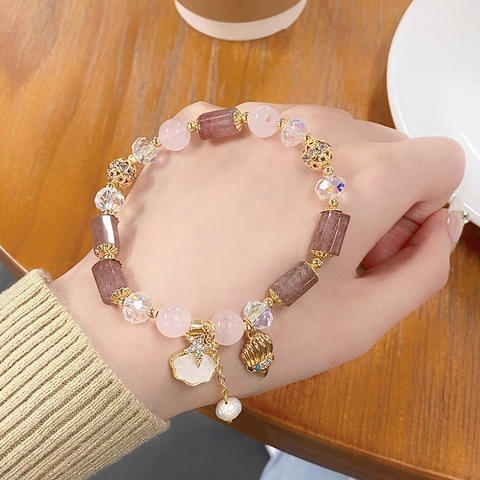 Handgemaakte Kralen Armband Kristal Amethist Aardbeienkwarts Oceano Zeester Schelp Kunstparel Charms Zoet Esthetisch Voor Vrouwen