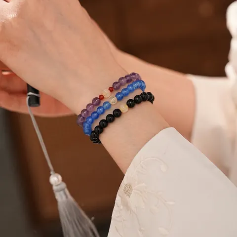 Bracelet Perles Obsidienne Améthyste Pierre Cristal Élastique Perles Rondes Style Chinois Élégant Polyvalent