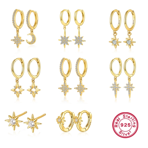 Eight Pointed Star And Moon Earrings 925 Sterling Silver Zircon Inlaid Minimalist Dainty Fashion Jewelry For Women