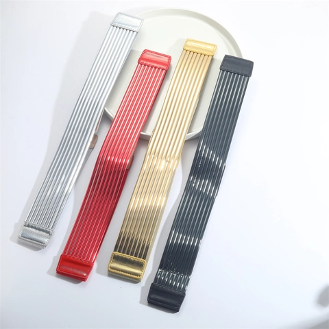 Cintura Elastica Donna Strisce Metalliche Parallele Vintage Retrò Cinch Pelle PU Accessorio Elasticizzato