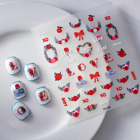 Stickers À Ongles Gaufrés 5D Rose Rouge Fleur Cœur Design Romantique Mariage Mariée Décoration Autocollants Manucure
