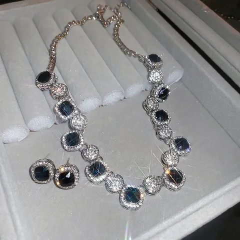 Gioielli Collana Orecchini Quadrato Geometrico Lega Strass Pietra Nera Con Perno Argento Vintage Lusso Donna
