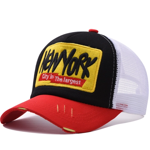New York Patch Trucker Hat Katoen En Polyester Mesh Distressed Ripped Klep Ademend Verstelbaar Voor Unisex