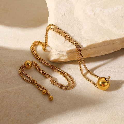 Minimalist Stainless Steel Gold Ball Pendant Necklace For Women Adjustable Box Chain Geometric Fashion Jewelry Accessory