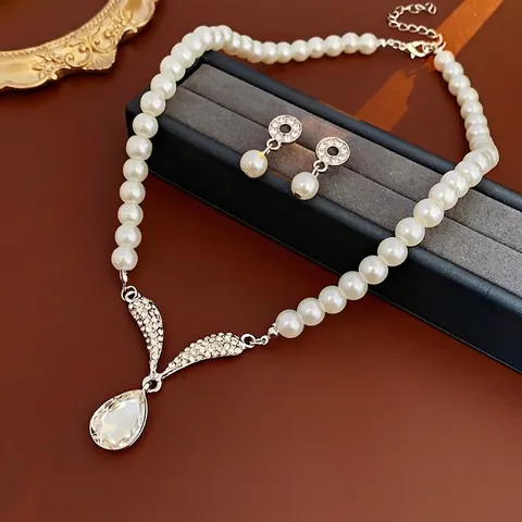 Collana Orecchini Elegante Forma V Goccia D'acqua Cristallo Artificiale Perla Artificial Imitazione Strass Lega Gioielli Moda Donna