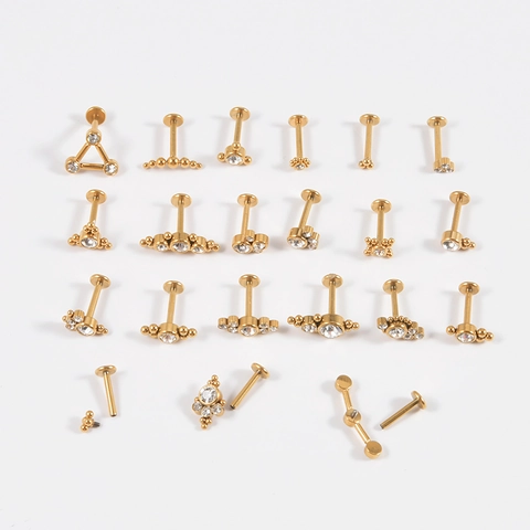 Internally Threaded Labret Stud Gold Plated Stainless Steel Zircon Cartilage Earring Flat Back Tragus Helix Piercing Jewelry