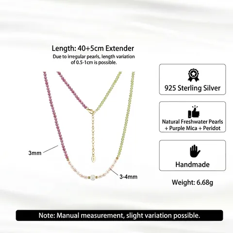 S925 Sterling Silver Beaded Necklace With Natural Purple Mica Peridot And Freshwater Pearl Elegant Jewelry For Women